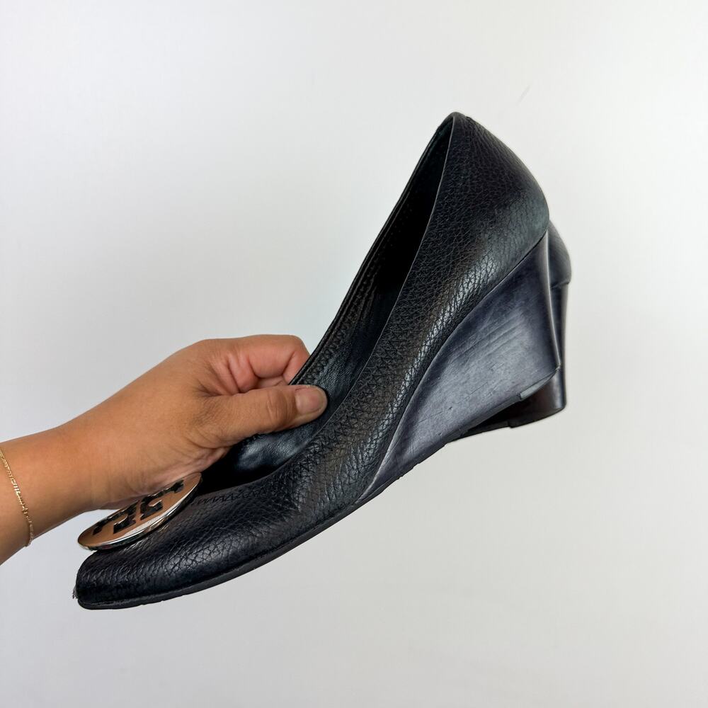 Tory Burch Sally Wedge Heels Peep Toe Black Silver - 9.5 - Picture 5 of 10